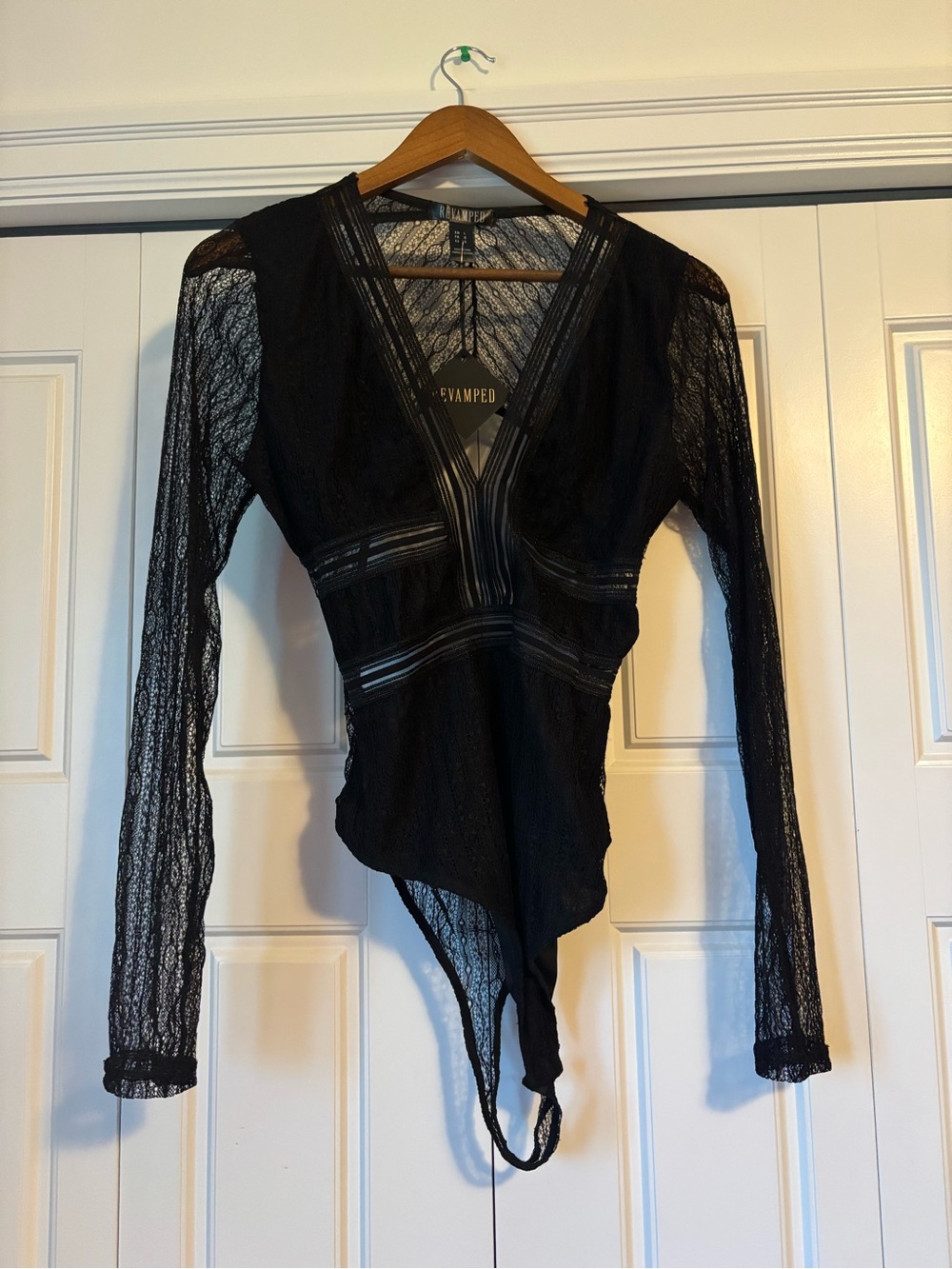 Revamped, black lace longsleeve bodysuit - Picture 2 of 9